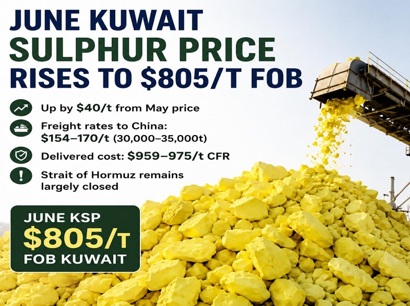 KPC ของคูเวตขึ้นราคาเสนอซื้อกำมะถัน FOB ในเดือนมิถุนายนเป็น 805 ดอลลาร์ต่อตัน