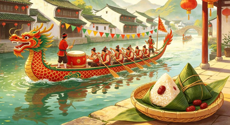 สวัสดีอย่างอบอุ่นสำหรับเทศกาลเรือมังกรจีนแบบดั้งเดิม